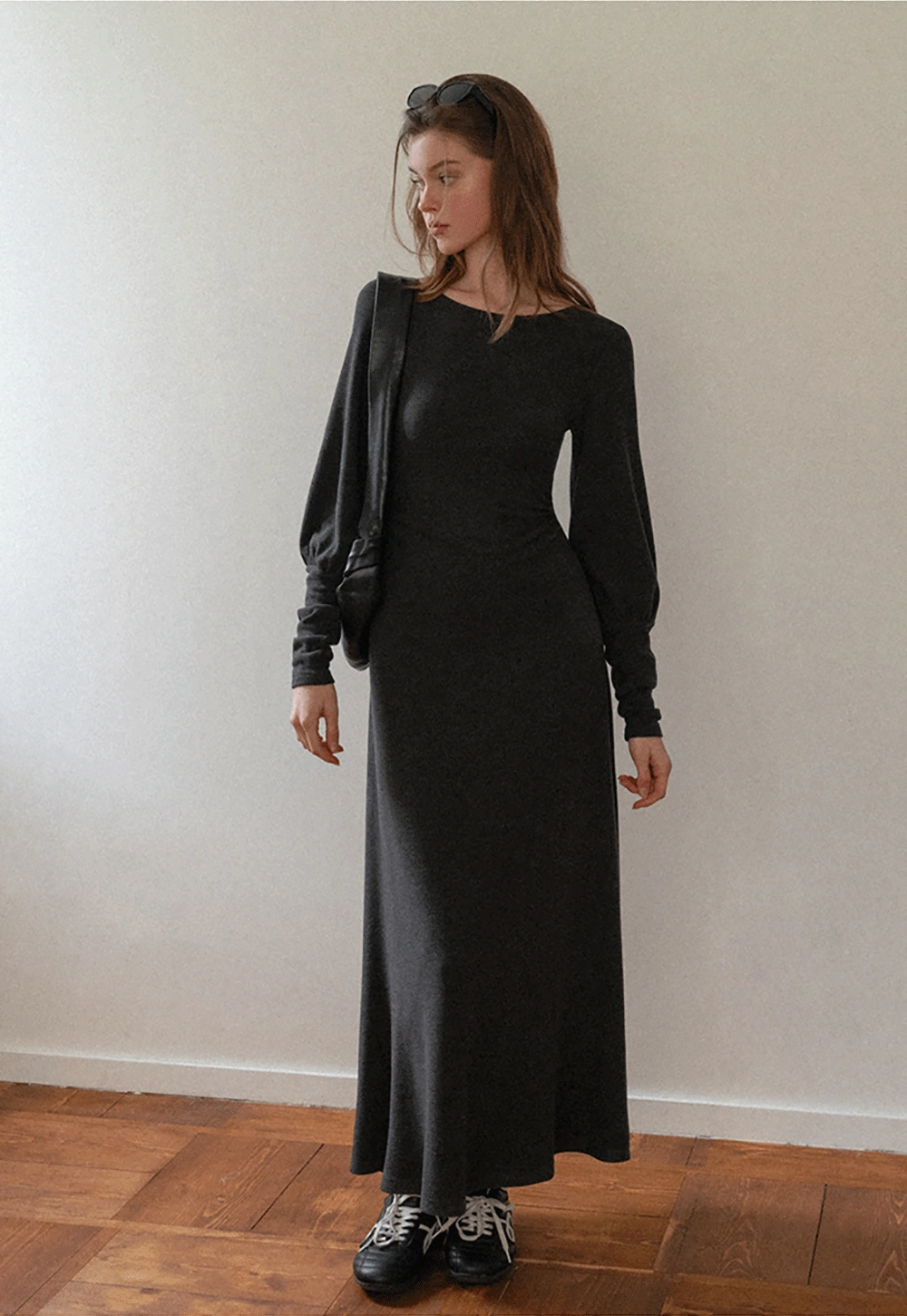 Women Long Sleeve Maxi Dress in Dark Gray