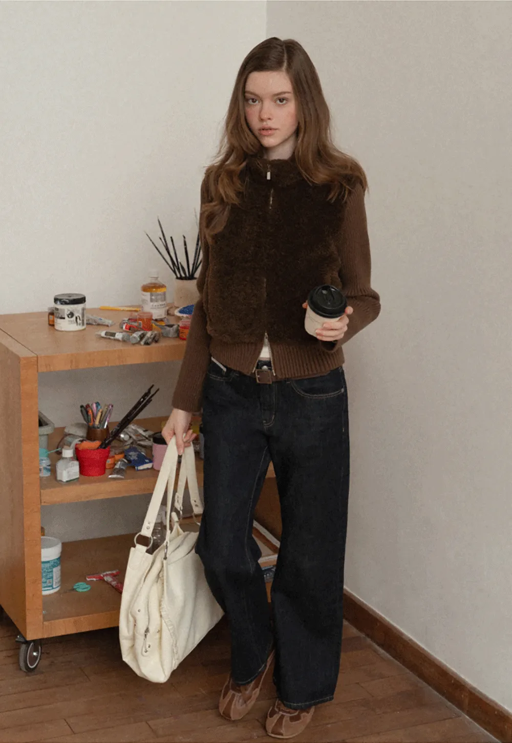 Faux Shearling Panel Knit Jacket
