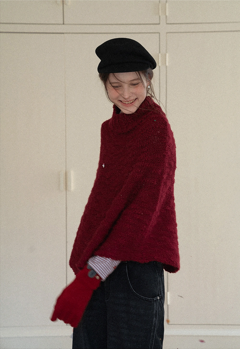 Soft Red Knitted Poncho with Turtleneck