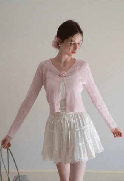 V Neck Cropped Knit Cardigan with Floral Button