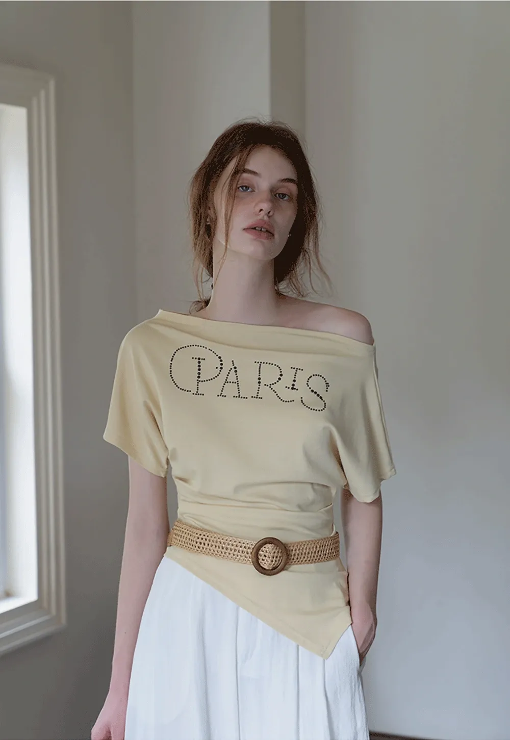 Asymmetric Off-Shoulder T-Shirt with Paris Rhinestone Lettering