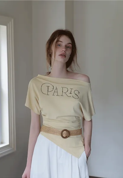 Asymmetric Off-Shoulder T-Shirt with Paris Rhinestone Lettering