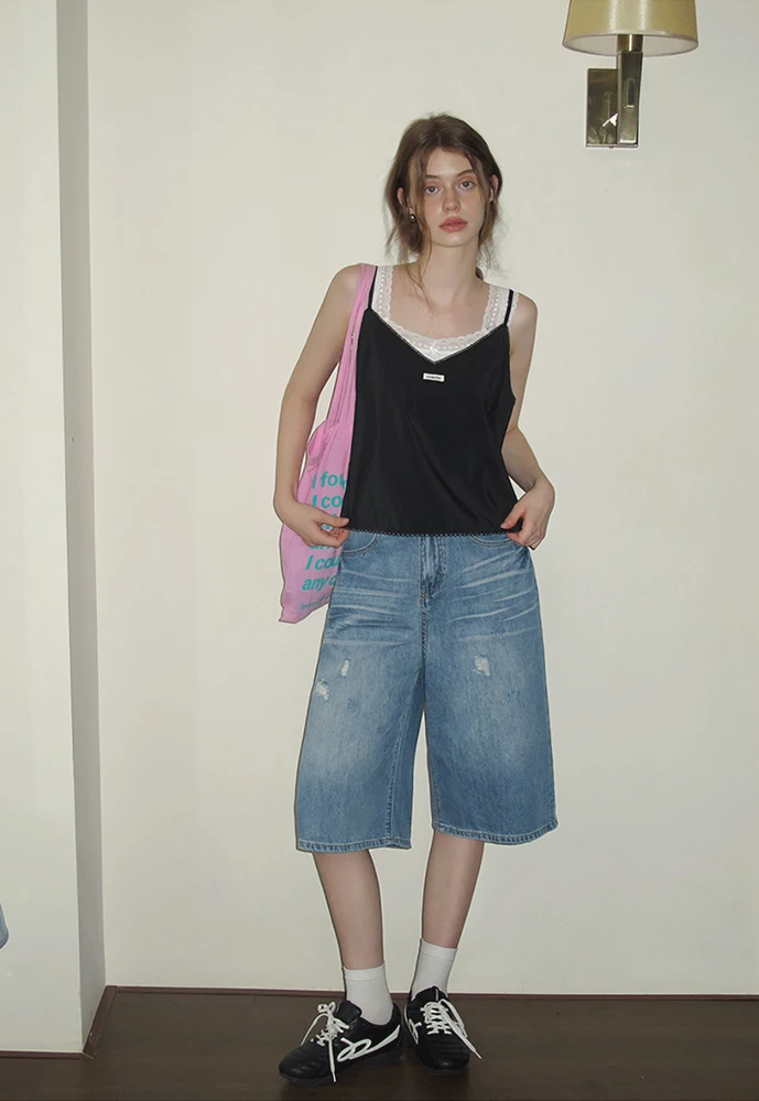 Women’s Distressed Wide-Leg Denim Bermuda Shorts