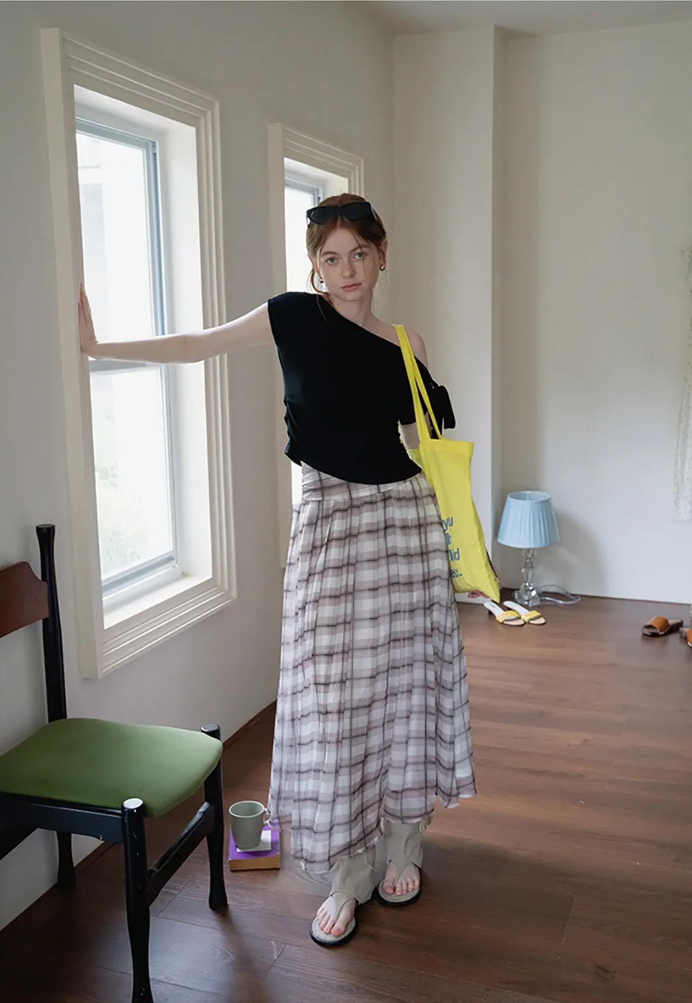 Women’s High Waist Plaid Chiffon Midi Skirt