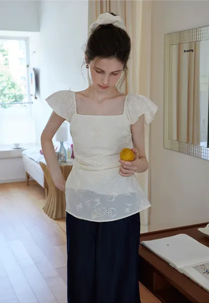 "Women’s Eyelet Embroidered Flutter Sleeve Blouse