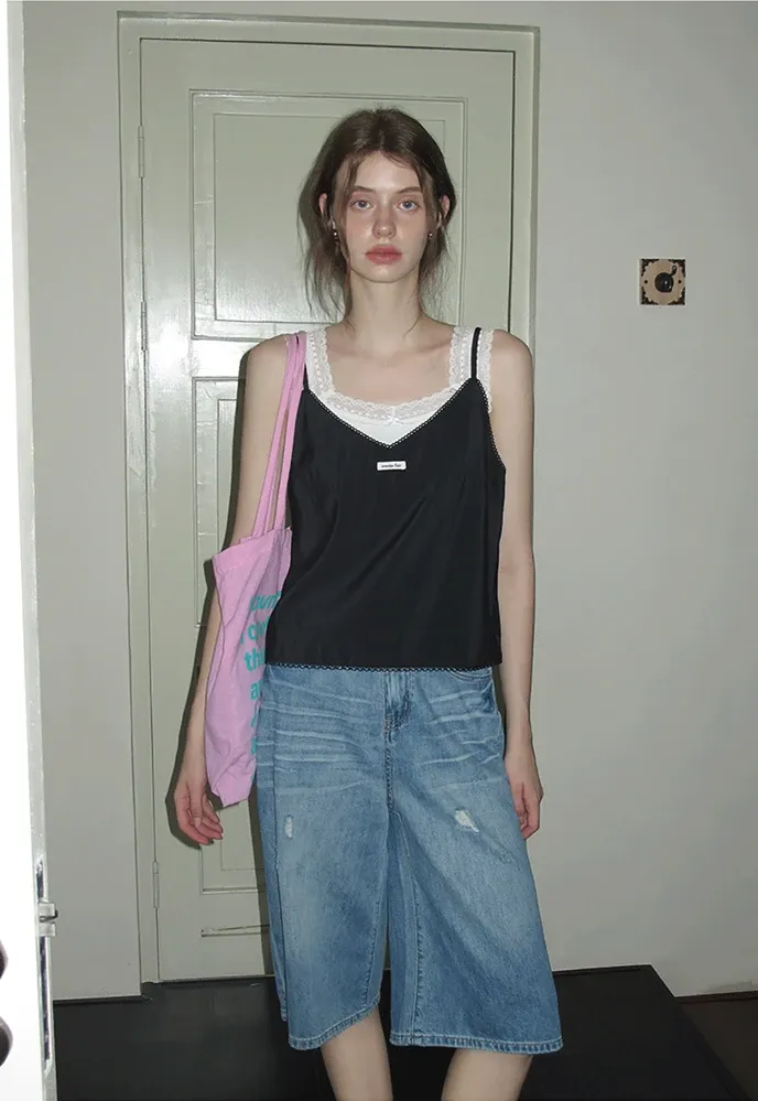 Women’s Distressed Wide-Leg Denim Bermuda Shorts