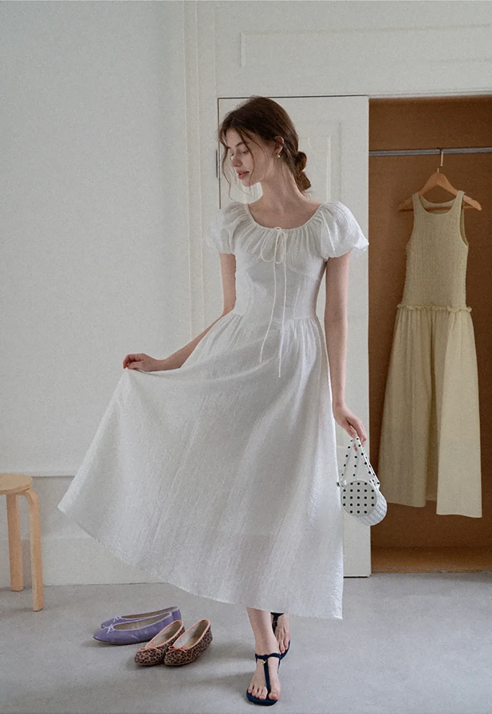 White Puff Sleeve Cottagecore Midi Dress