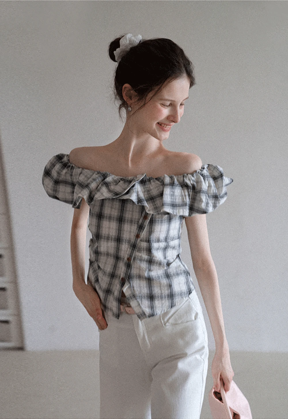 Off-Shoulder Plaid Ruffle Top