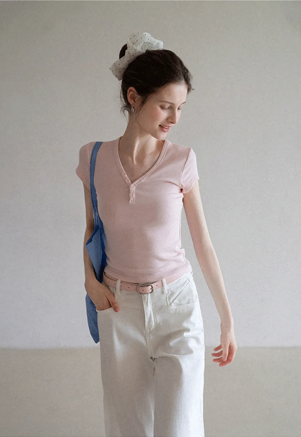 Women's V Neck Button Front Short Sleeve T-Shirt