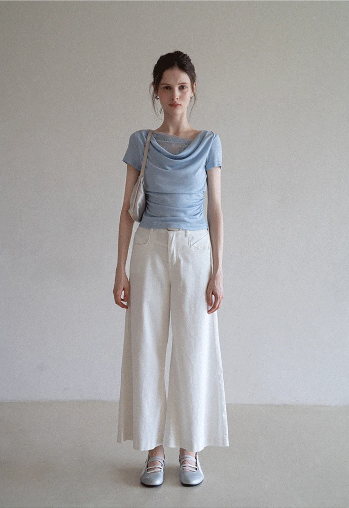 Women’s Cowl Neck Lace-Back Ruched Tee