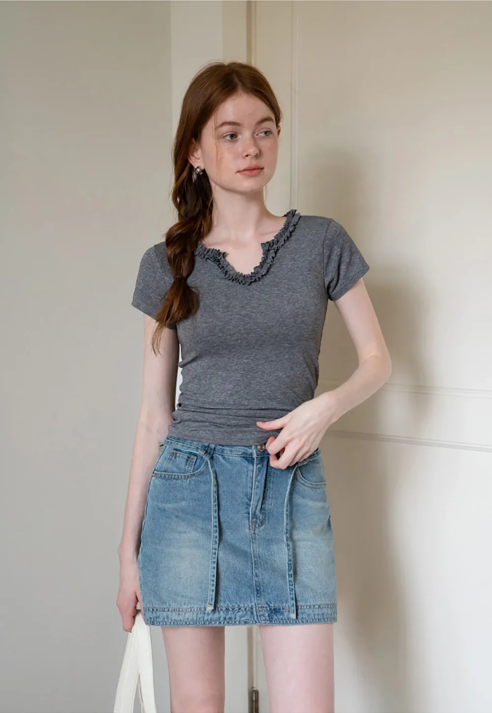 V-Ruffle Trim Fitted Top