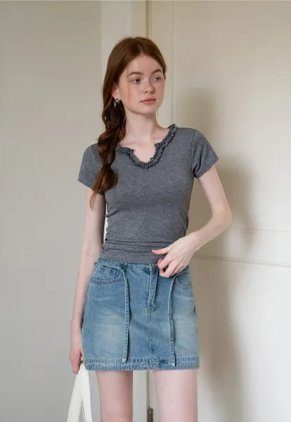 V-Ruffle Trim Fitted Top