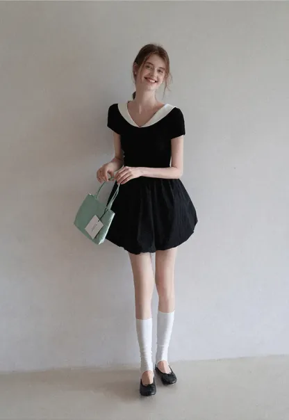 Contrast Collar Puff Sleeve Mini Dress