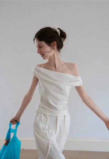 Off-Shoulder Fold-over Top + Pleated Tie-Waist Trousers