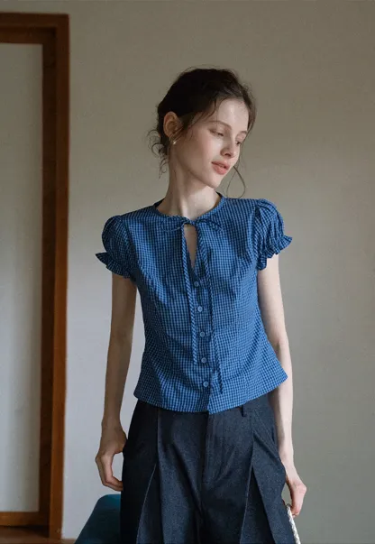 Gingham Puff Sleeve Blouse with Tie Neck