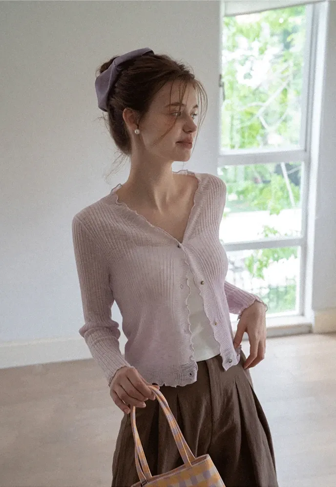 Women Ruffle Ribbed Knit Button Cardigan