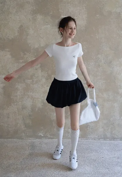 Women's Boat Neck Ribbed Tee with Embroidered Bow