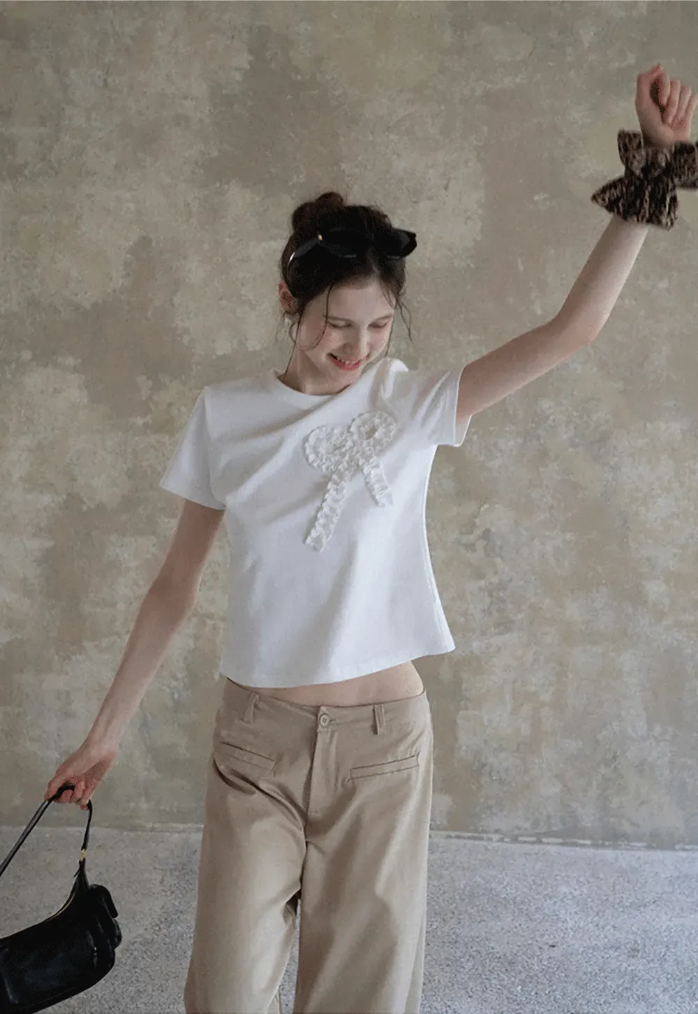 Women's Ruffled Bow Appliqué Cotton T-Shirt