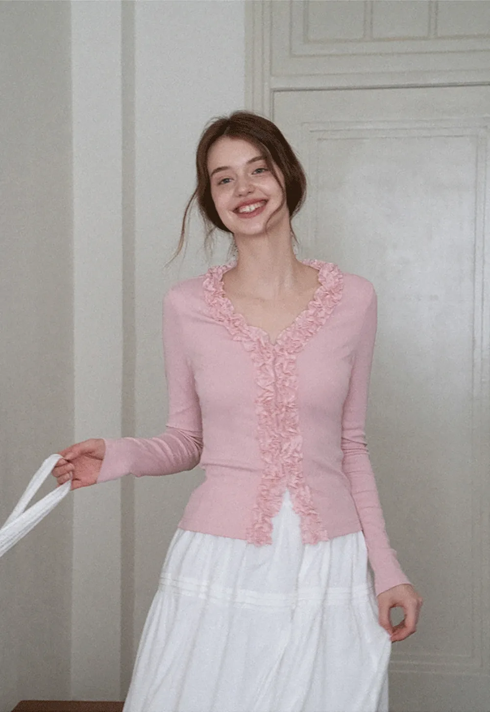 Women's Ruffle Trim V-Neck Long Sleeve Tee