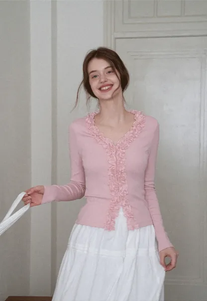 Women's Ruffle Trim V-Neck Long Sleeve Tee