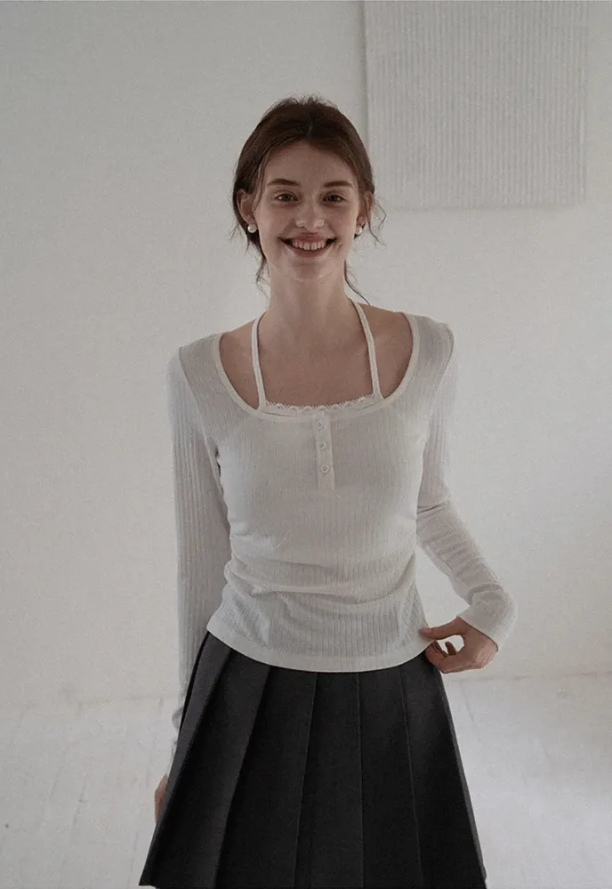 Long Sleeve Square Neck Halter Crop Top