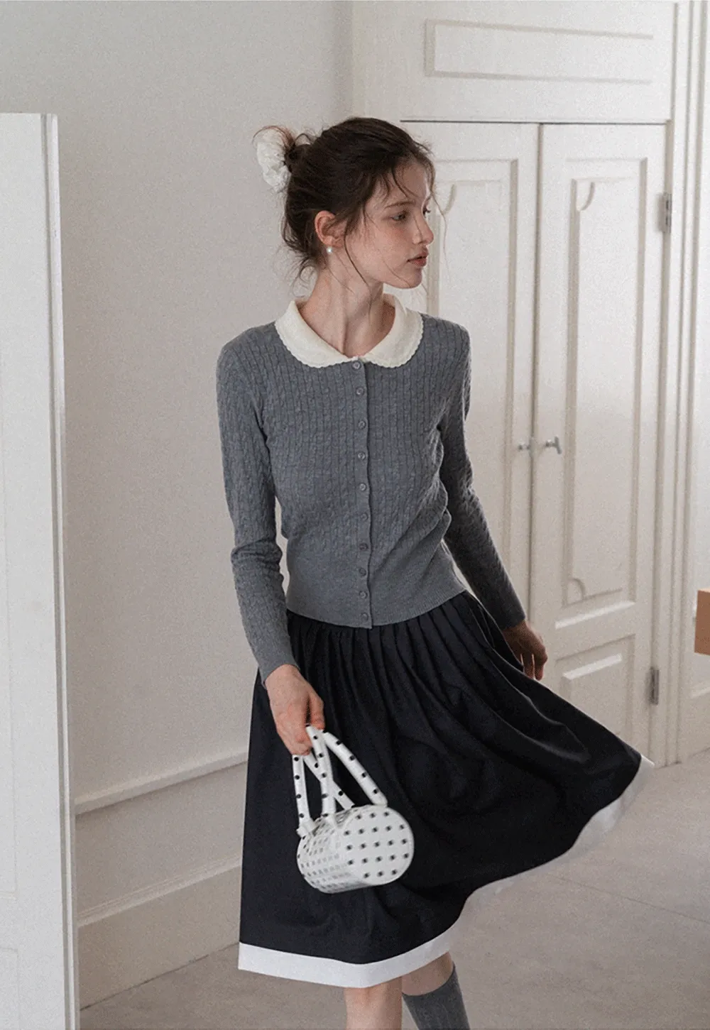 Women's Contrast-Collar Cable-Knit Cardigan