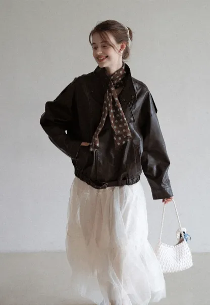 Funnel-Neck Leather Jacket