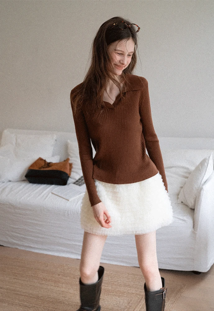 Ribbed Open-Collar Knit Top