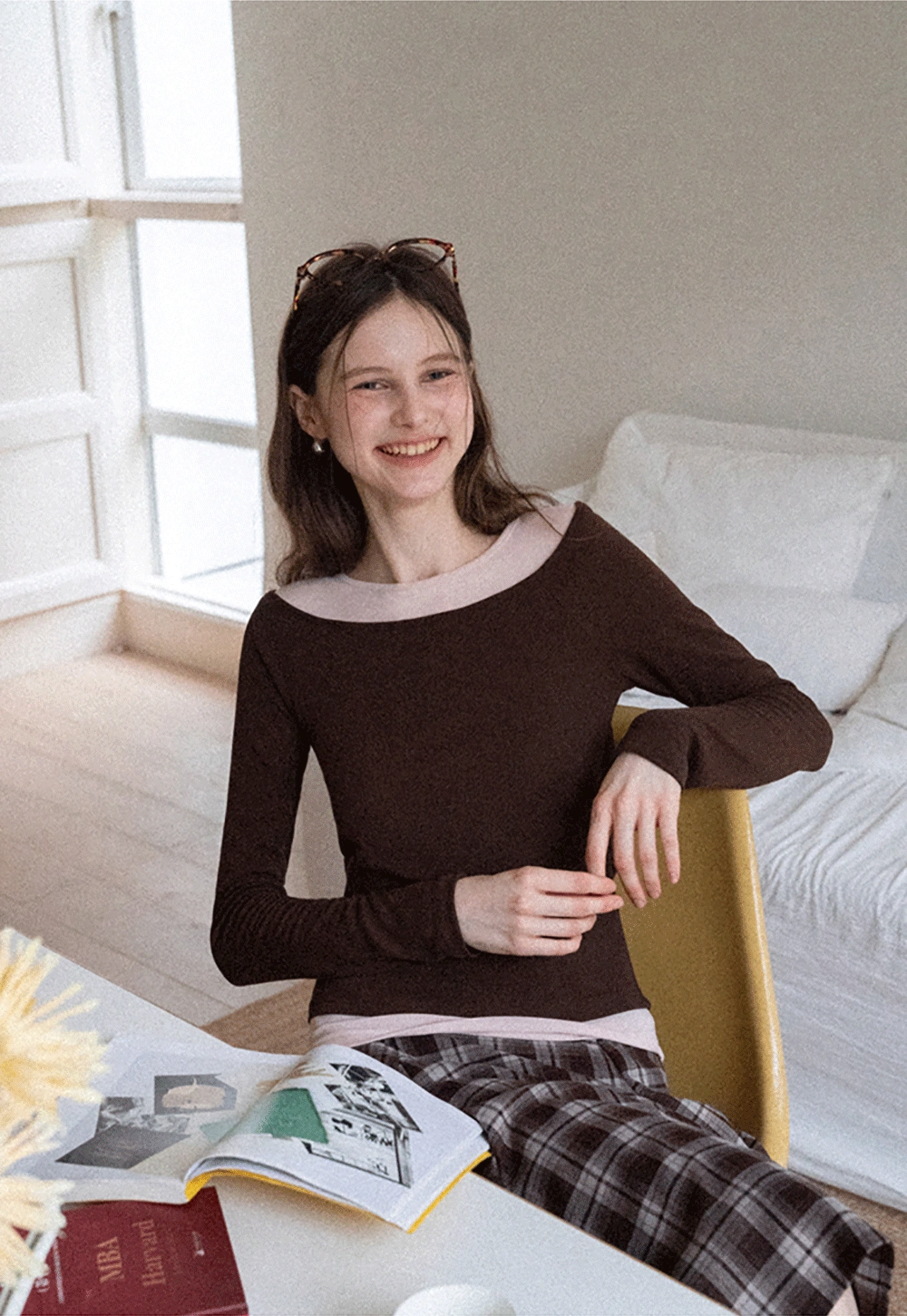 Women's Layered Boat Neck Long Sleeve Top