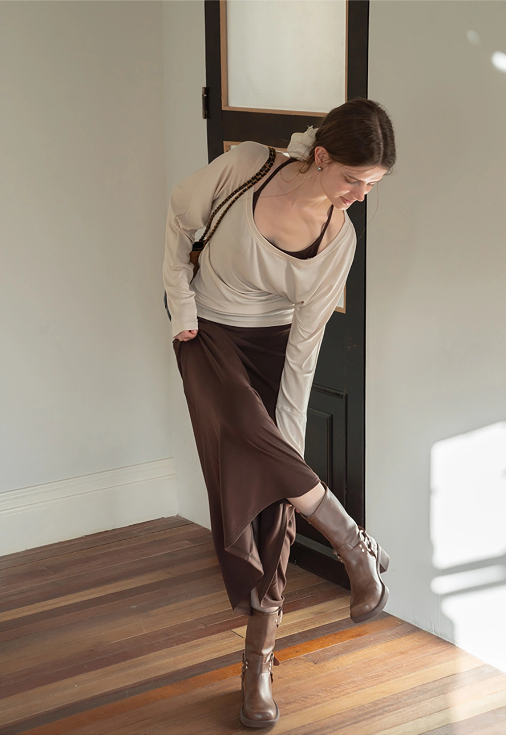 Casual Long Sleeve Top with Flowy Maxi Skirt