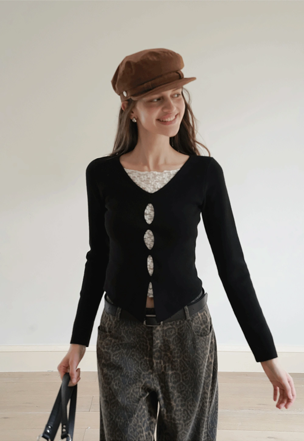 Black Long Sleeve V-Neck Cardigan with Lace Deta