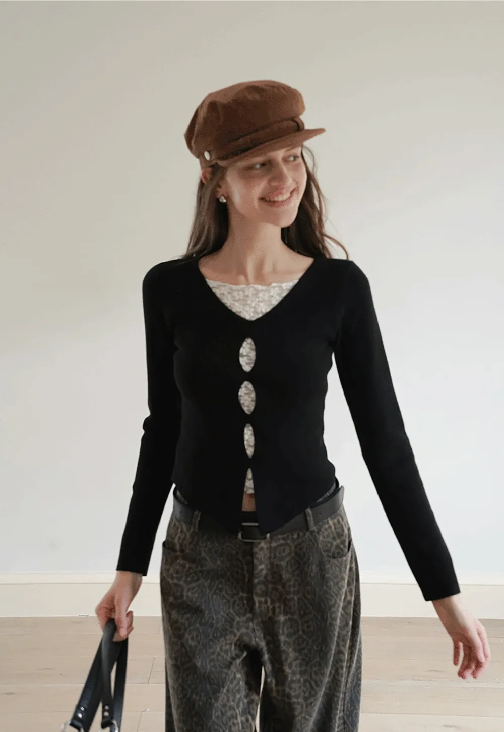 Black Long Sleeve V-Neck Cardigan with Lace Deta