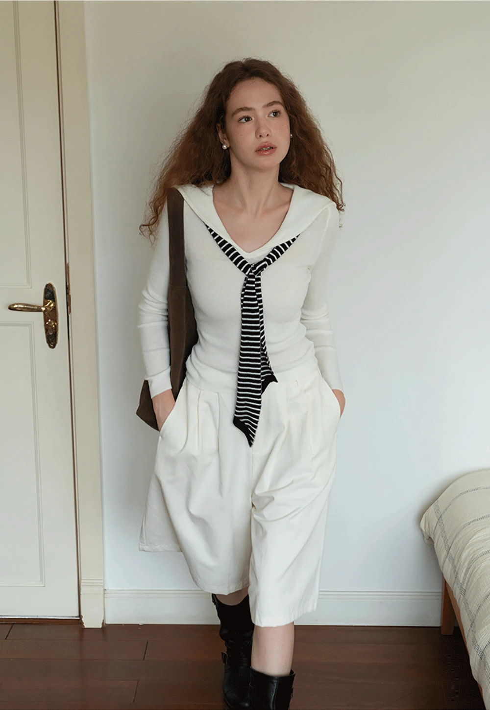 Womens Sailor Collar Long Sleeve Knit Top with Tie