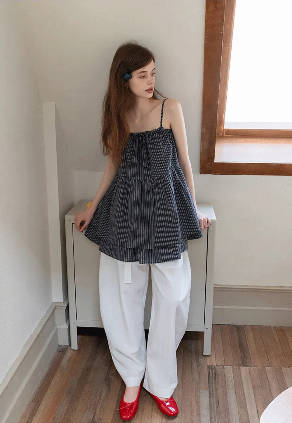 Striped Spaghetti Strap Ruffled Peplum Top
