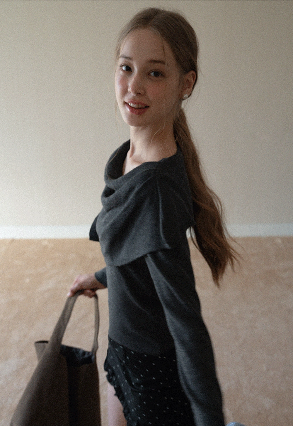 Womens Draped Cowl Neck Knit Top