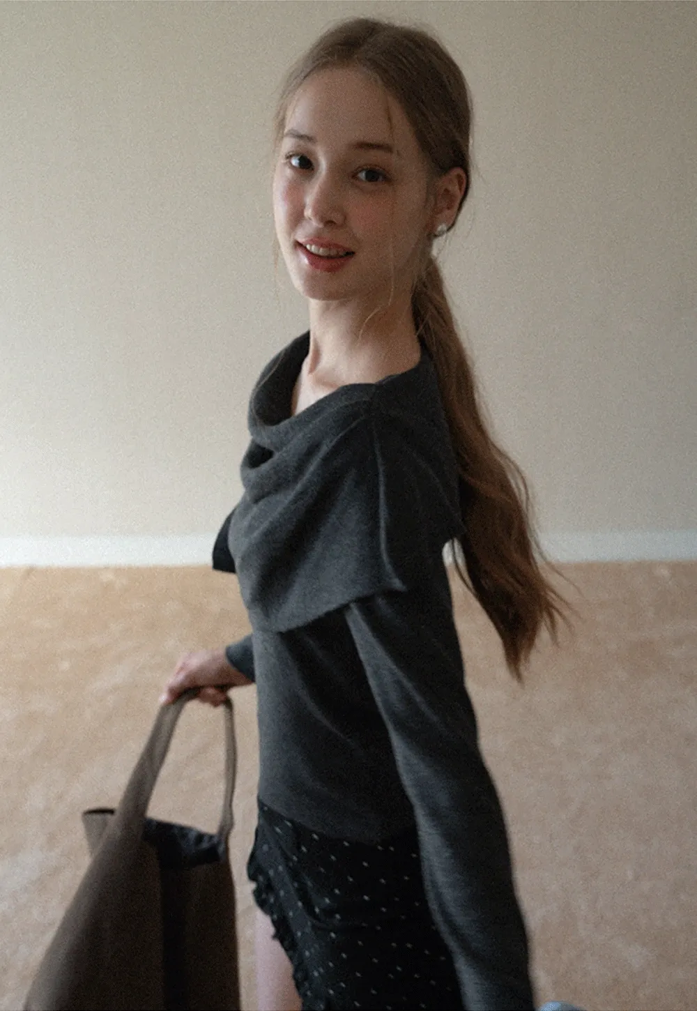 Womens Draped Cowl Neck Knit Top