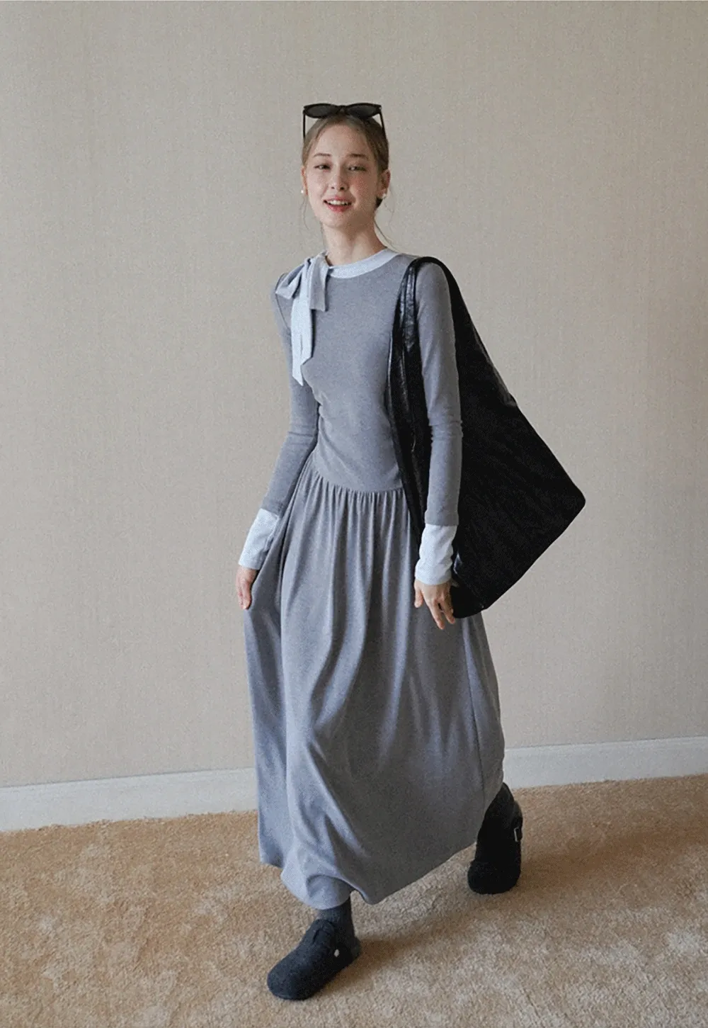 elegant grey long sleeve casual a-line dress