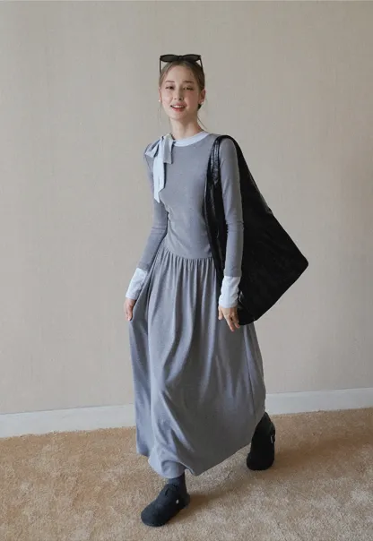 elegant grey long sleeve casual a-line dress