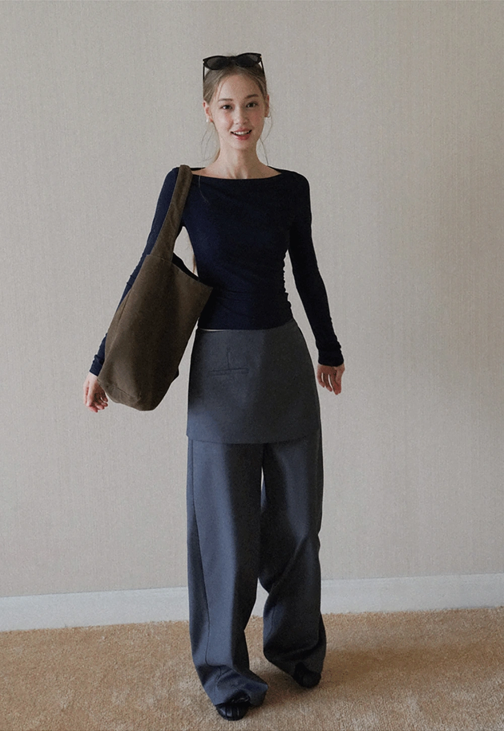 Womens Wide Leg Pants with Skirt Overlay