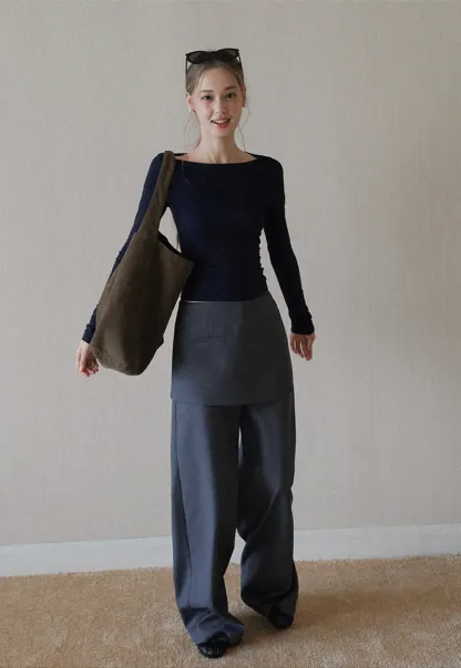 Womens Wide Leg Pants with Skirt Overlay