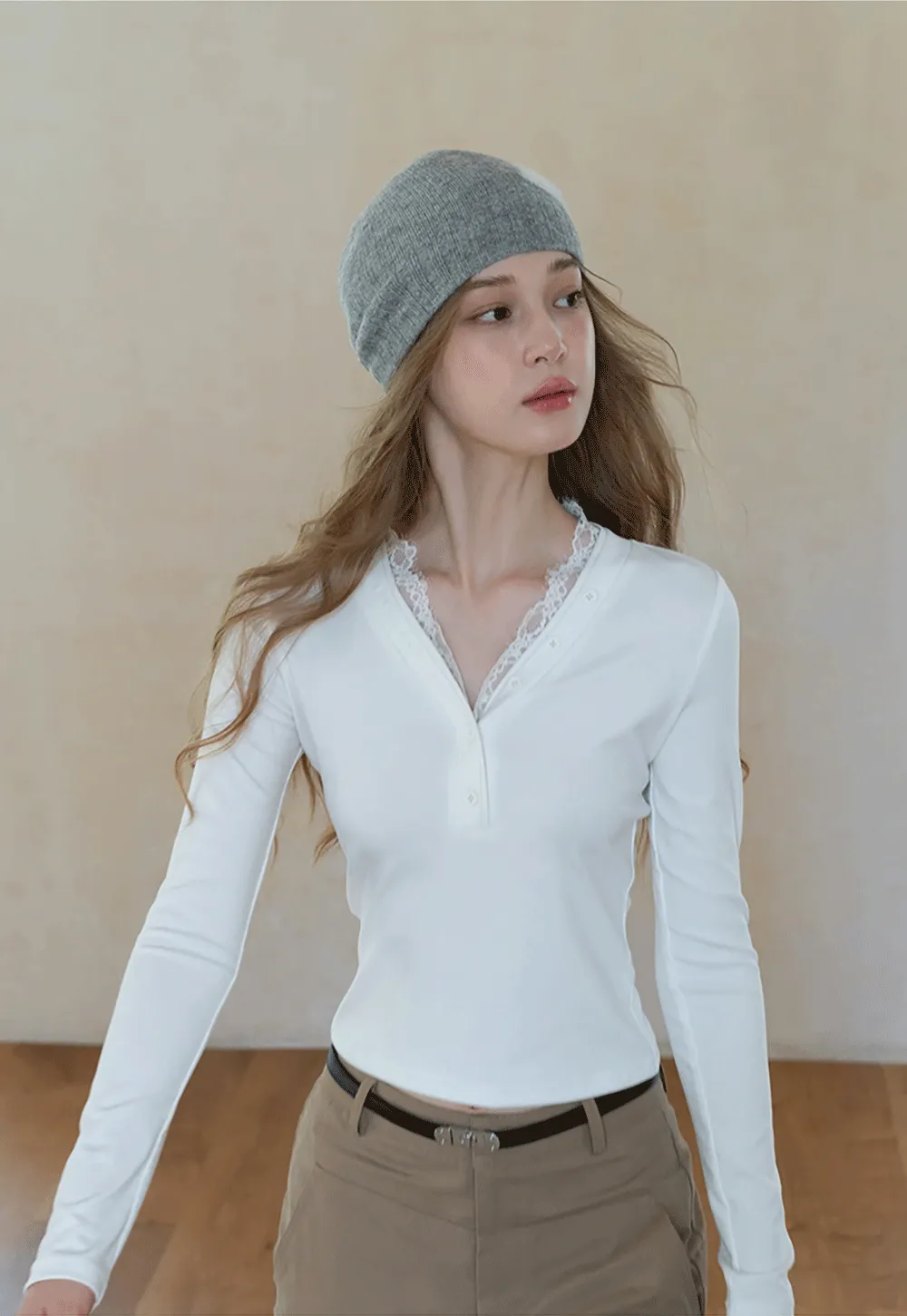 Womens White Lace Trim V Neck Long Sleeve Henley Top