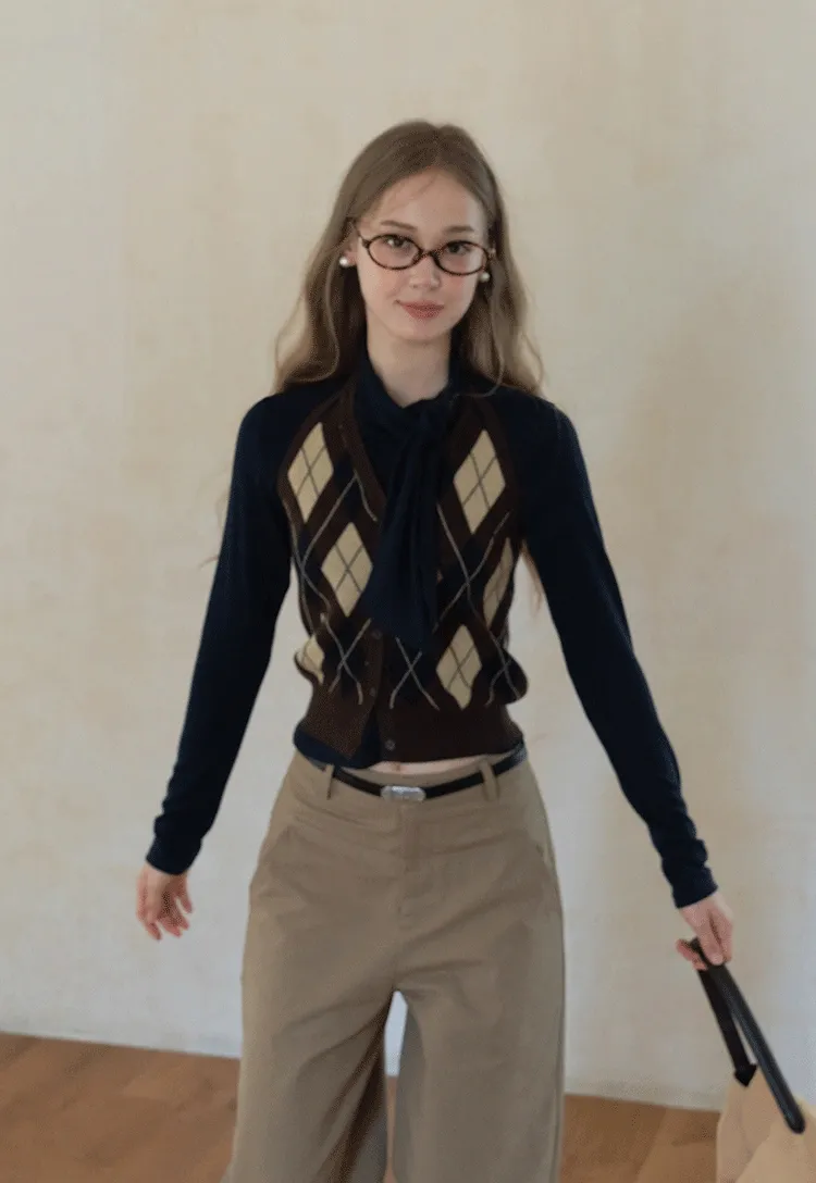 Womens Argyle Knit Button Down Cardigan Sweater