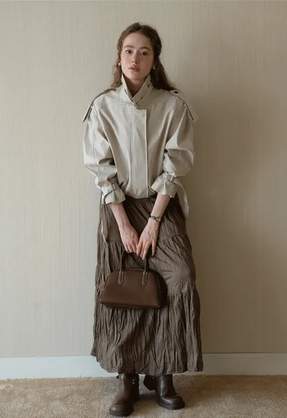 Womens Short Trench Coat Jacket with Belted Cuffs and Epaulets