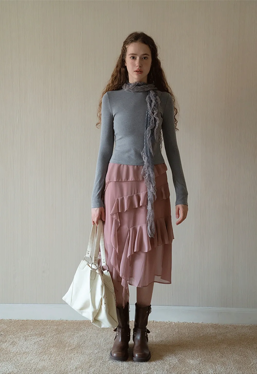 Womens Ruffle Layered Chiffon Midi Skirt