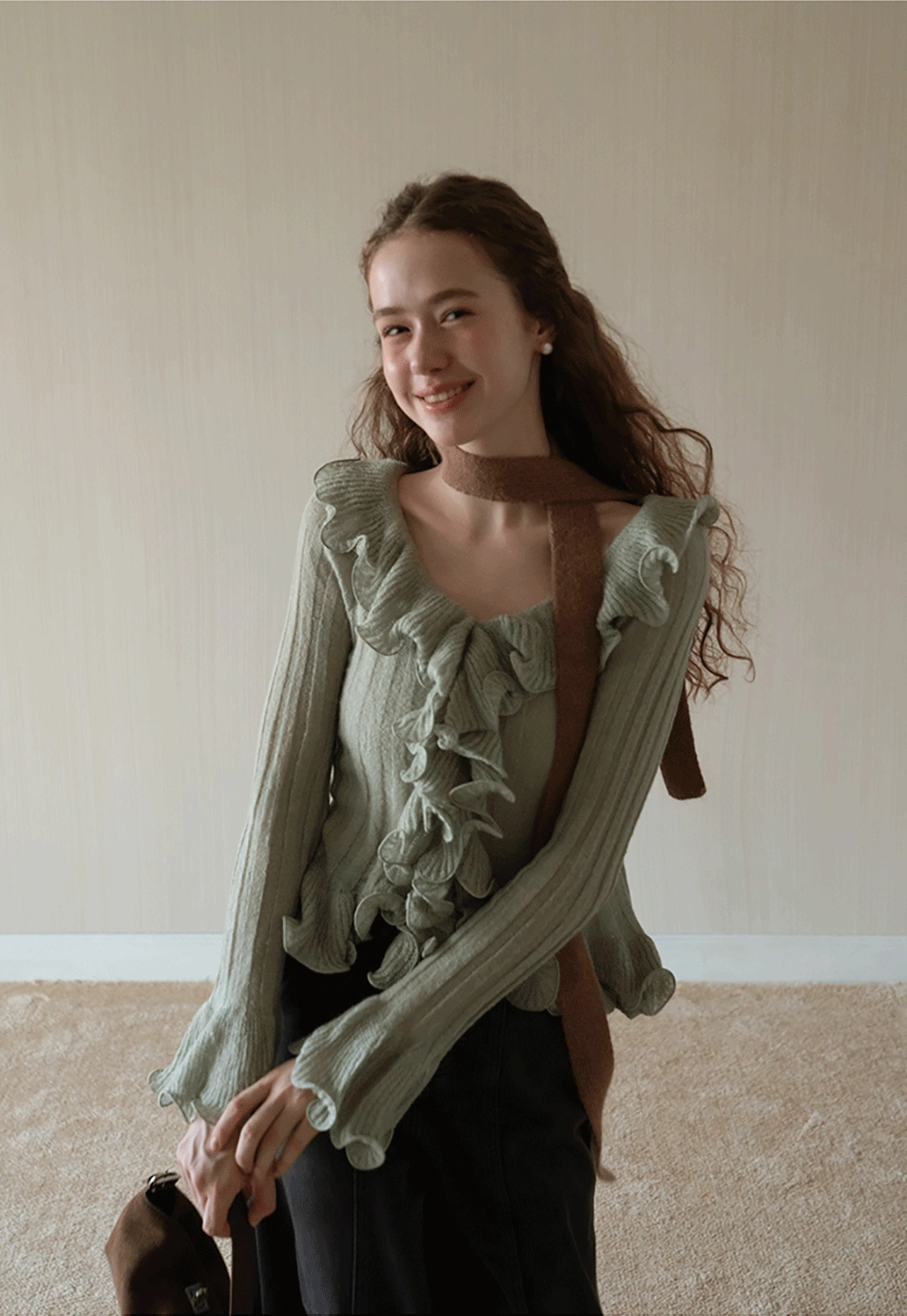 Womens Ruffle Hem Flared Sleeve Knit Top