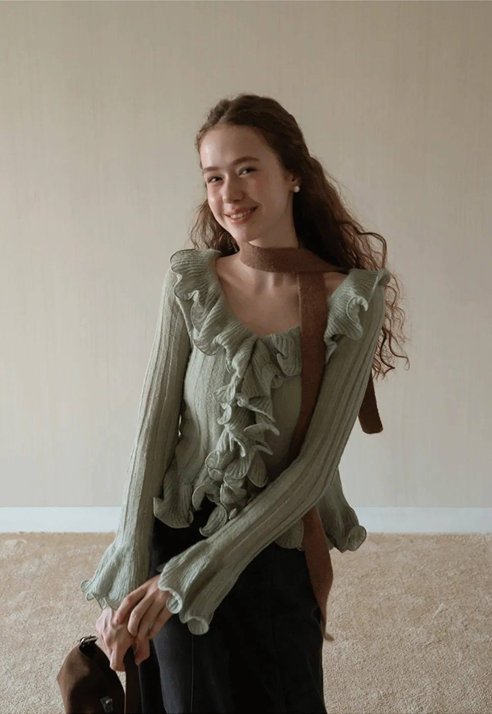 Womens Ruffle Hem Flared Sleeve Knit Top