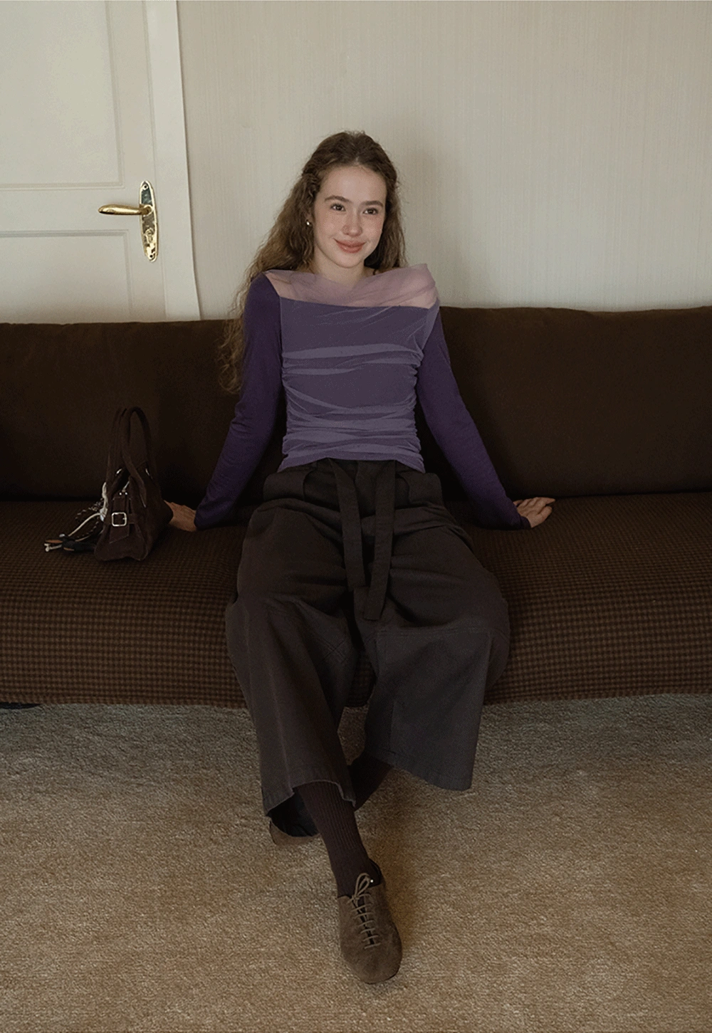 Women Mesh Patchwork Cowl Neck Top