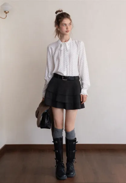 Womens Polka Dot Ruffle Trim Blouse with Bow Tie Neck