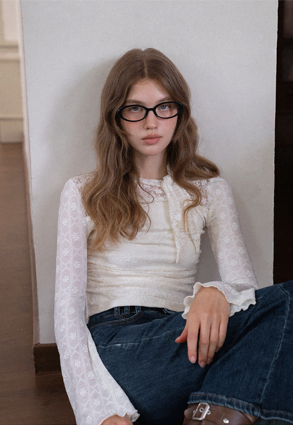 Lace Tie Neck Long Sleeve Blouse