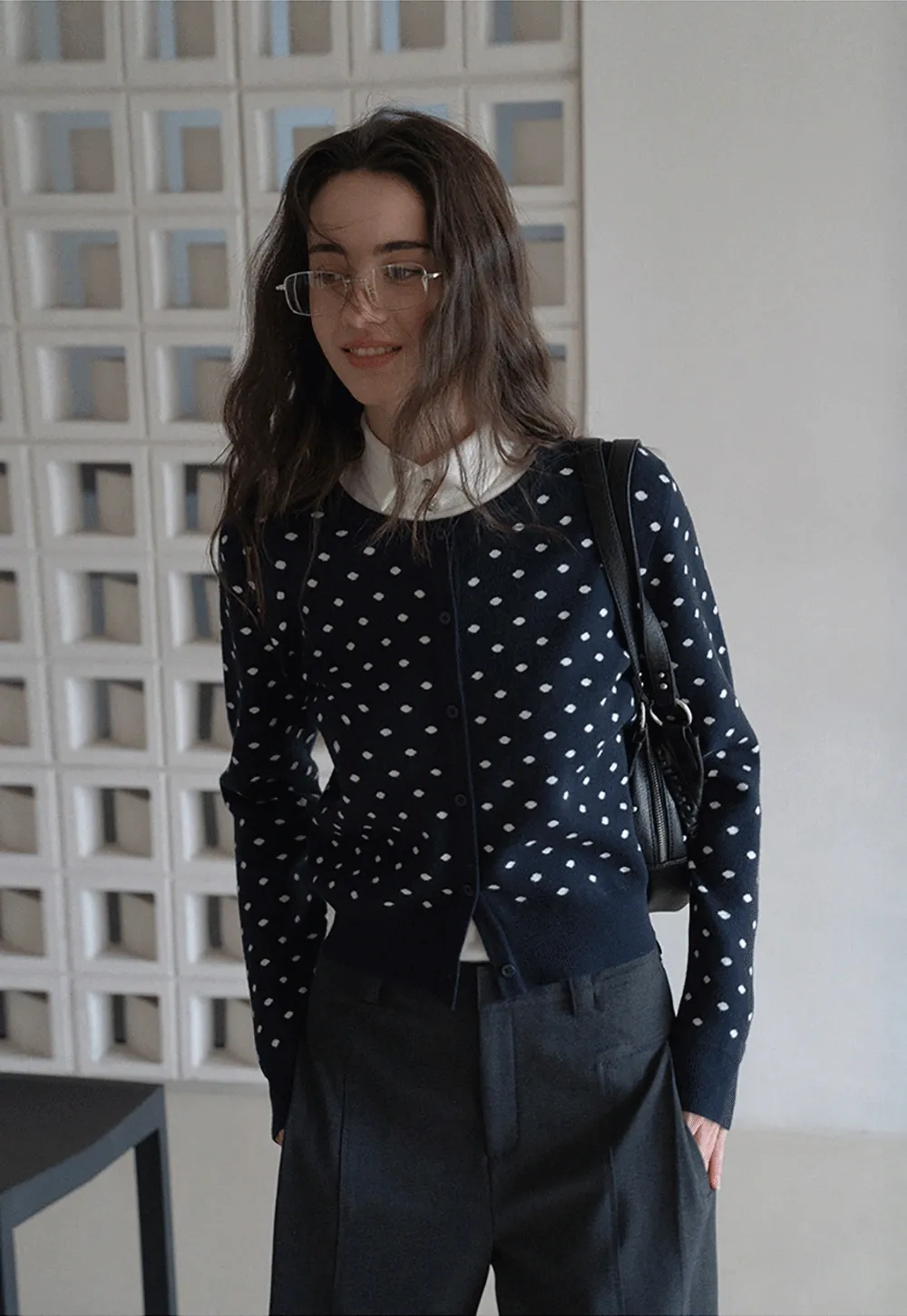 Vintage-Inspired Polka Dot Knit Cardigan